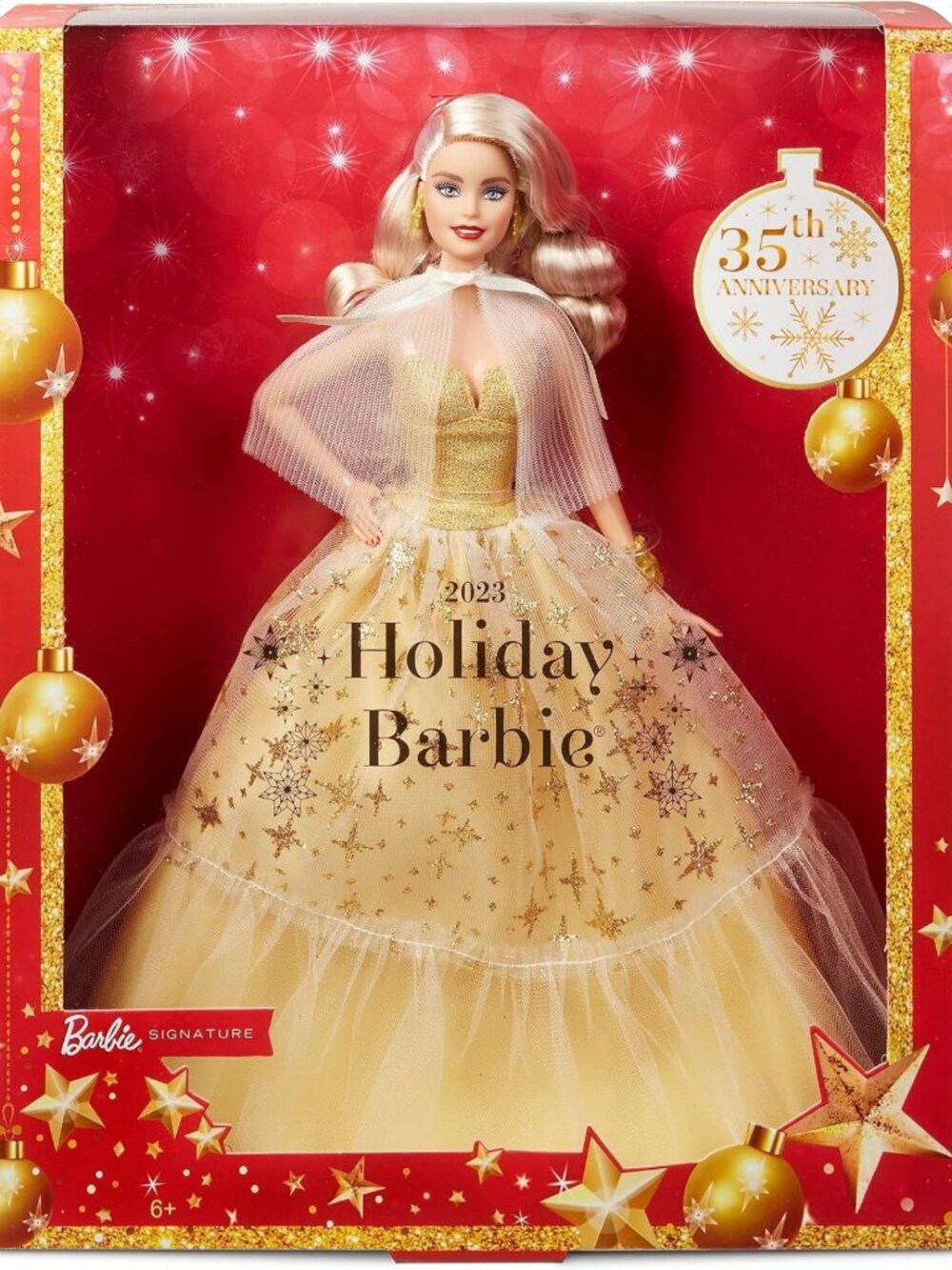 2023 Holiday Collectible Doll with Blonde Hair, Golden Gown & Stand